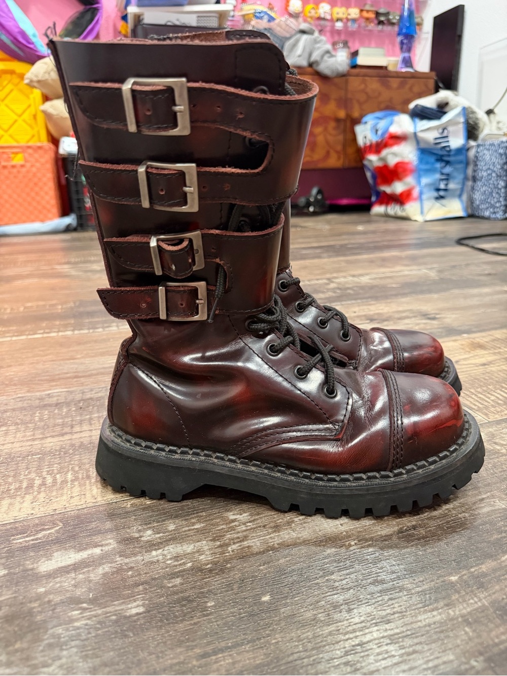 Demonia Men’s Burgundy Buckle Lace-Up Combat Boots